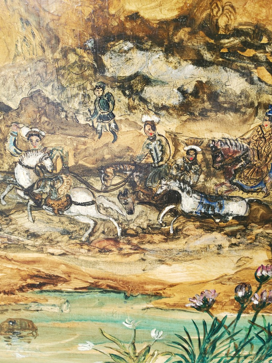 Oil On Panel - Oriental Painting With Horsemen-photo-3
