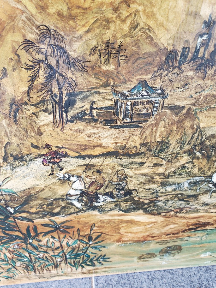 Oil On Panel - Oriental Painting With Horsemen-photo-4