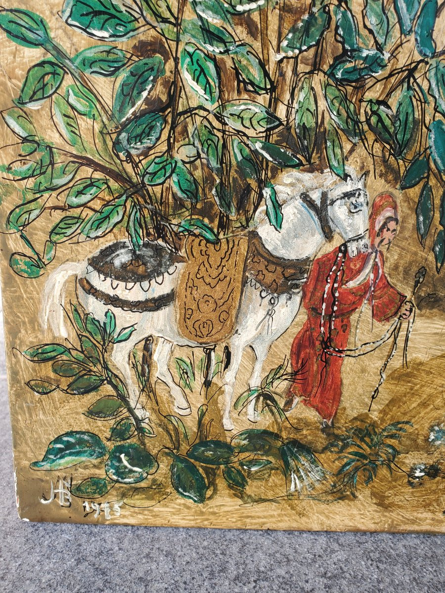 Oil On Panel - Oriental Painting With Horsemen-photo-8