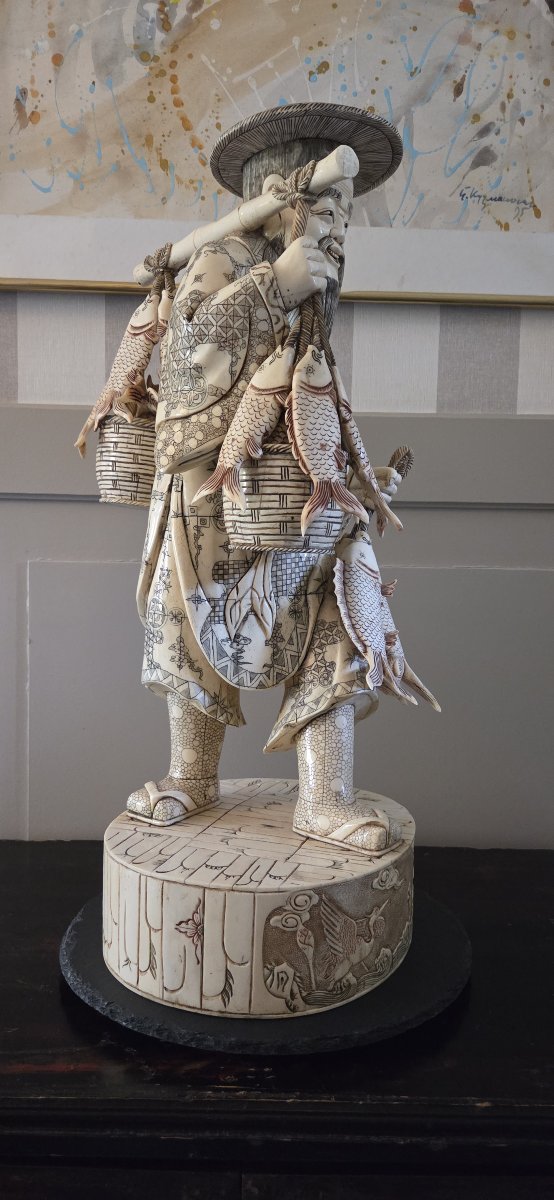 Sculpture - Pêcheur en os de buffle XXème-photo-6