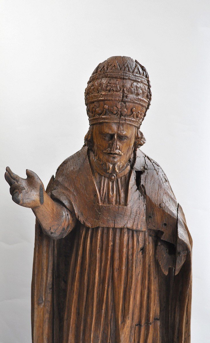 Sculpture - Statue Of Bishop - Carved Wood - Circa 1600-photo-2