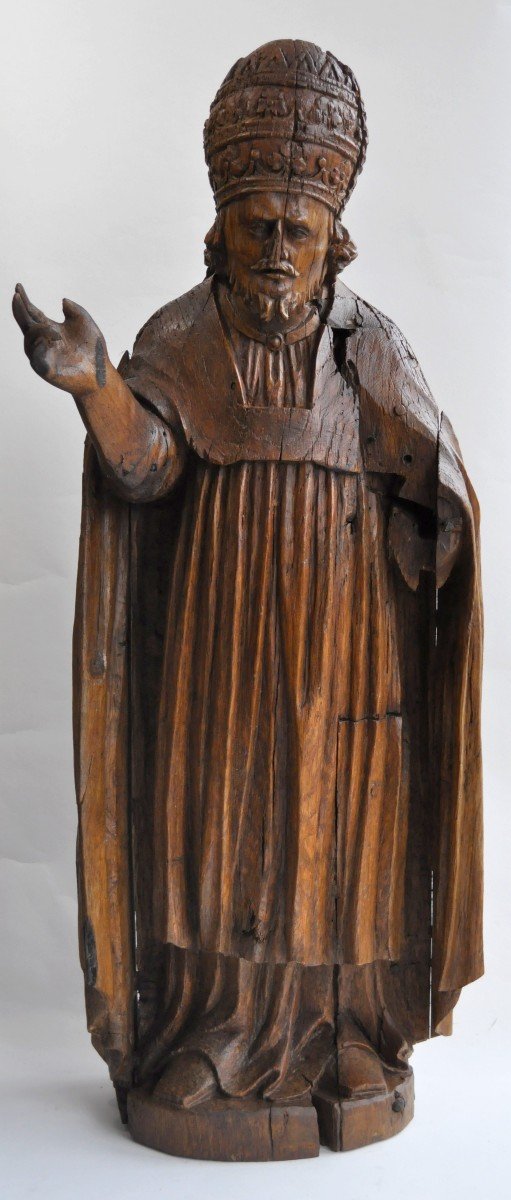 Sculpture - Statue Of Bishop - Carved Wood - Circa 1600