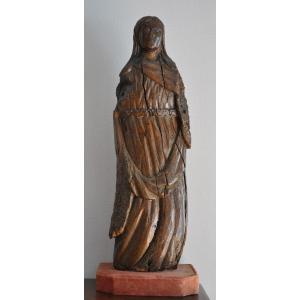 Sculpture - Stature Sainte En Bois Polychrome - France XVIème