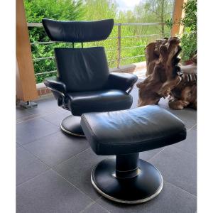 1 Fauteuil Stresless Modèle Jazz - Cuir Noir Et Son Ottoman