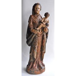 Vierge à l'Enfant En Bois Sculpté Polychrome - France Circa 1600
