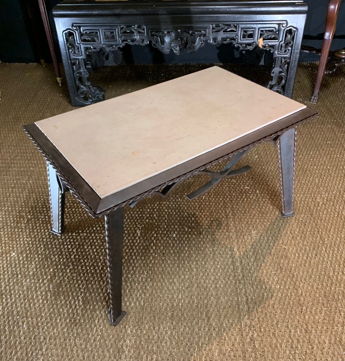 Small Wrought Iron Coffee Table With Travertine Top, French Work Circa 1930-photo-2
