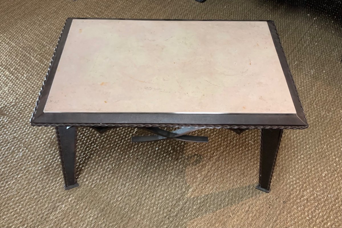 Small Wrought Iron Coffee Table With Travertine Top, French Work Circa 1930-photo-3