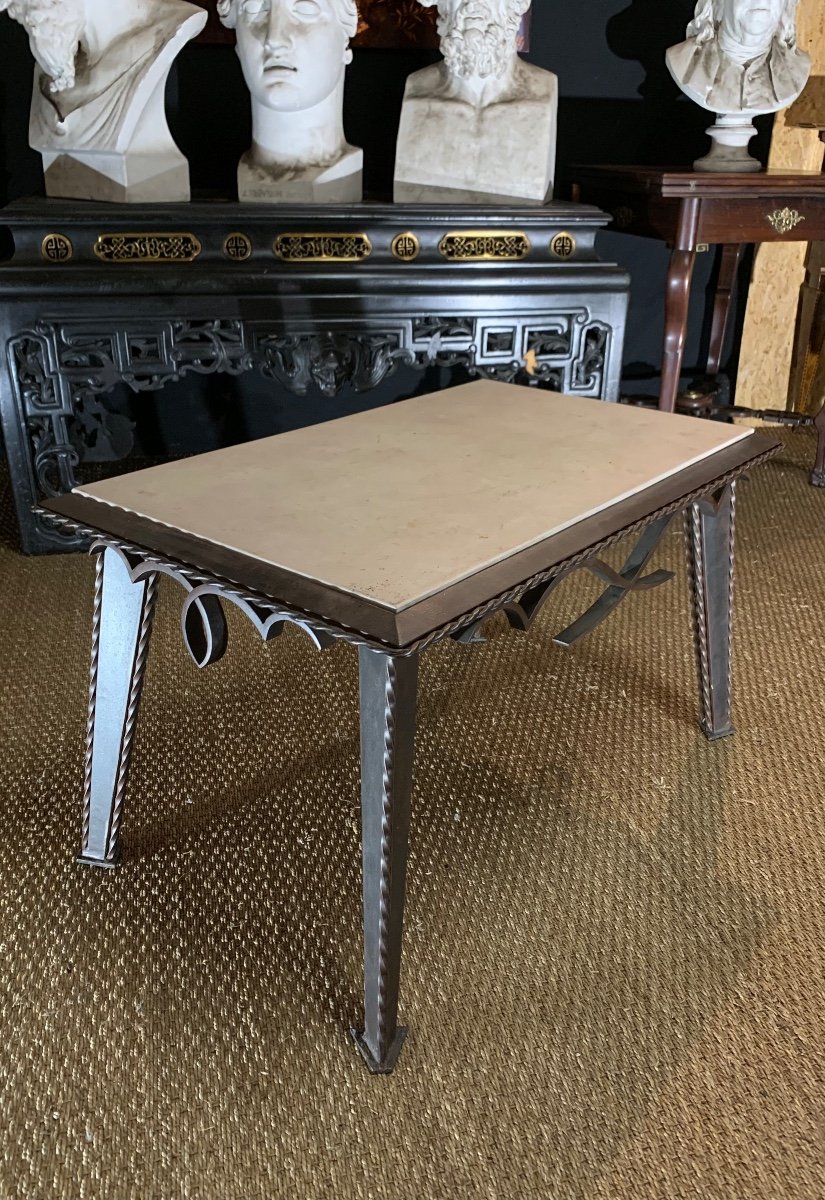 Small Wrought Iron Coffee Table With Travertine Top, French Work Circa 1930