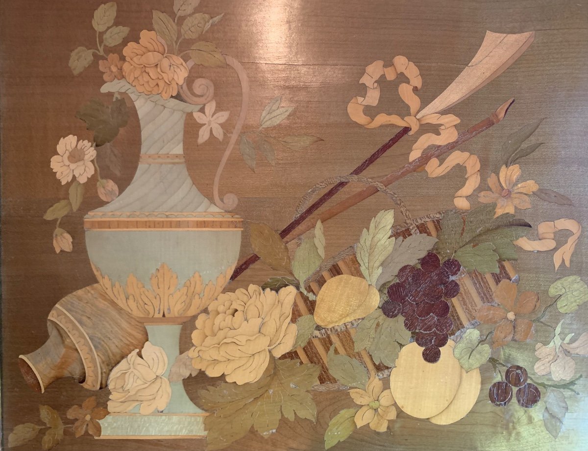 Still Life In Marquetry In Its Golden Wood Frame, France Late Nineteenth-photo-2