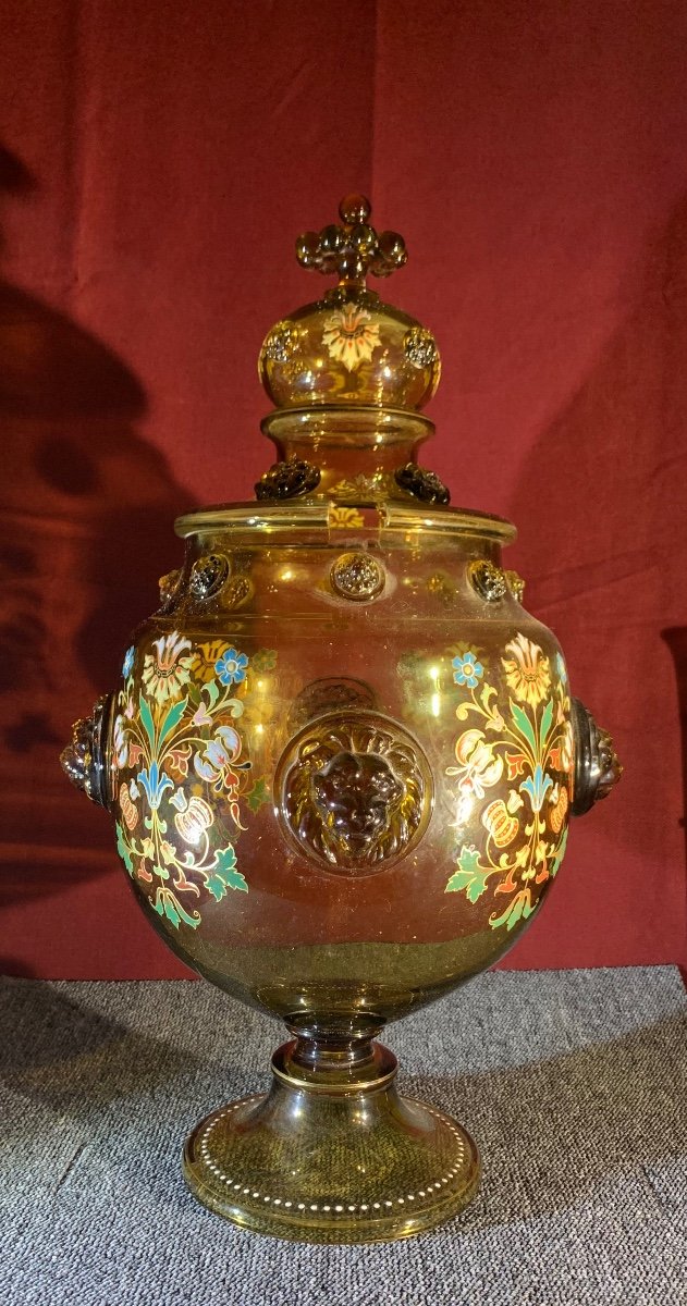 Enameled Smoked Glass Punch Bowl, Eastern European Work Circa 1890-photo-3