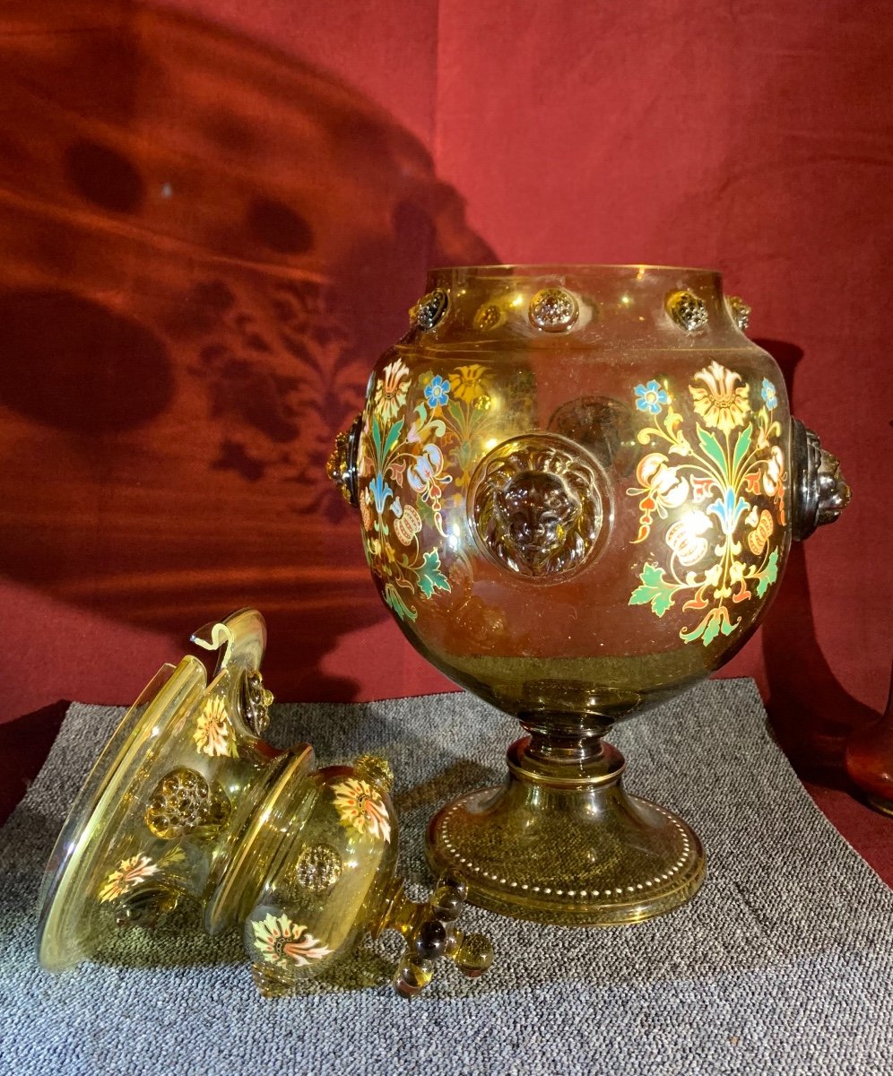 Enameled Smoked Glass Punch Bowl, Eastern European Work Circa 1890-photo-4