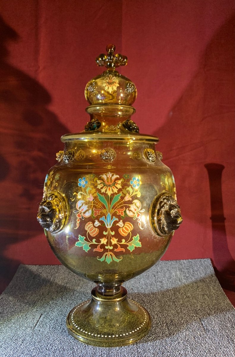 Enameled Smoked Glass Punch Bowl, Eastern European Work Circa 1890