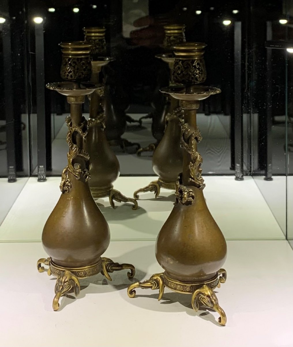 Pair Of Candlesticks With Dragon Design Attr To Edouard Lievre Circa 1870-photo-2