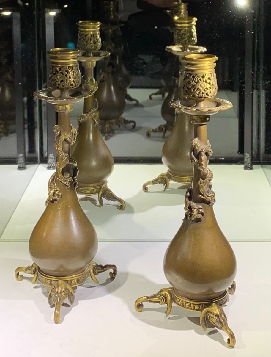 Pair Of Candlesticks With Dragon Design Attr To Edouard Lievre Circa 1870-photo-3