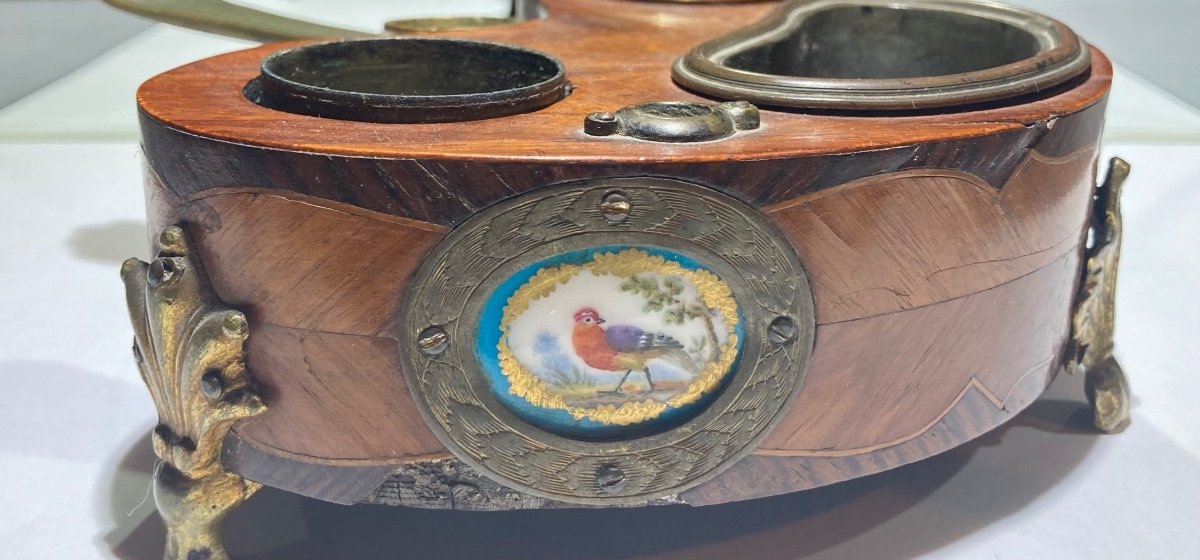 Beautiful Louis XV Style Inkwell In Veneer, Porcelain And Bronze, France XIXth-photo-1