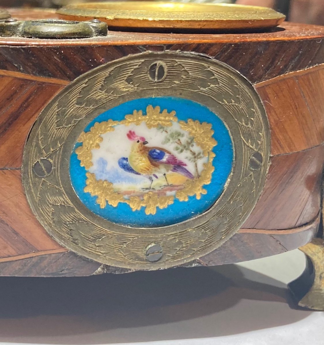 Beautiful Louis XV Style Inkwell In Veneer, Porcelain And Bronze, France XIXth-photo-4