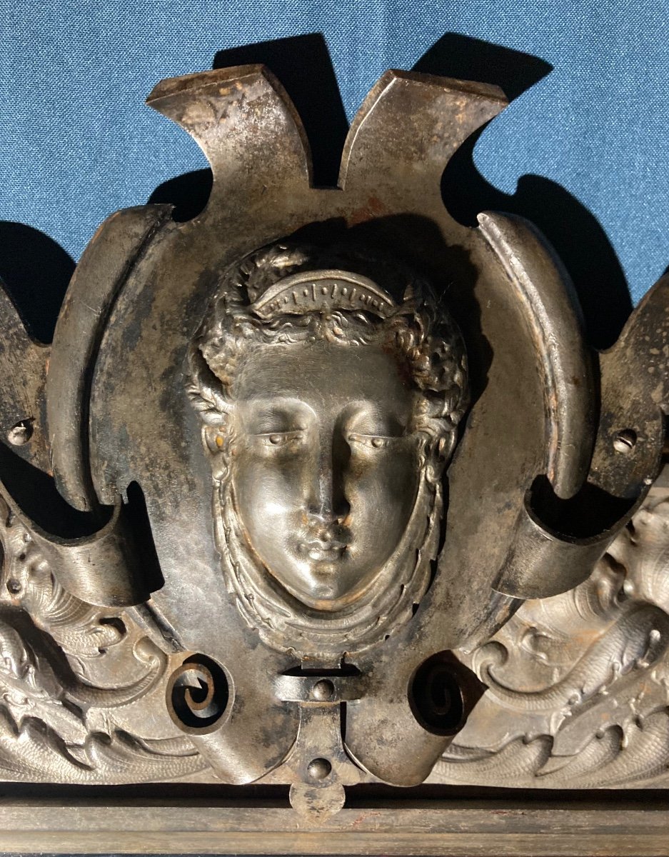 Mirror With Nymphs After Jean Goujon, Embossed & Chiseled Iron, France Circa 1880.-photo-4