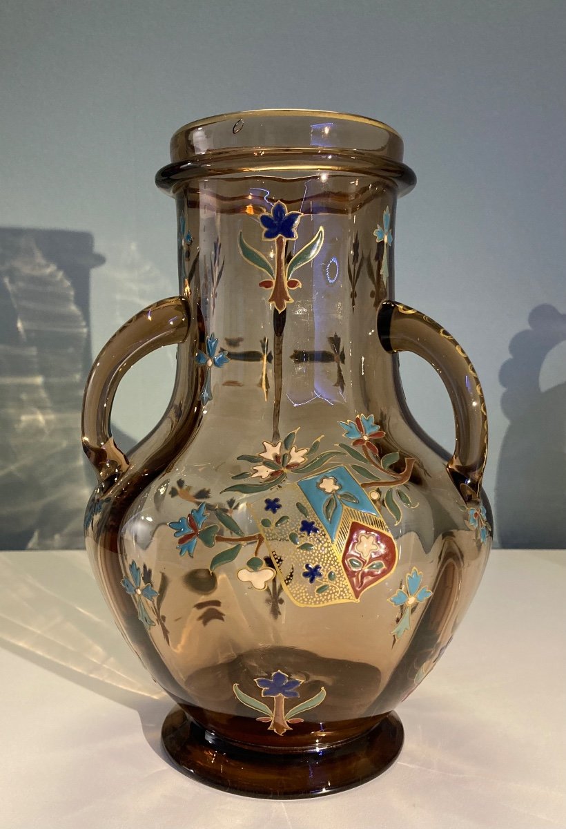 Vase En Verre Fumé, émaillé à Chaud, France Vers 1880