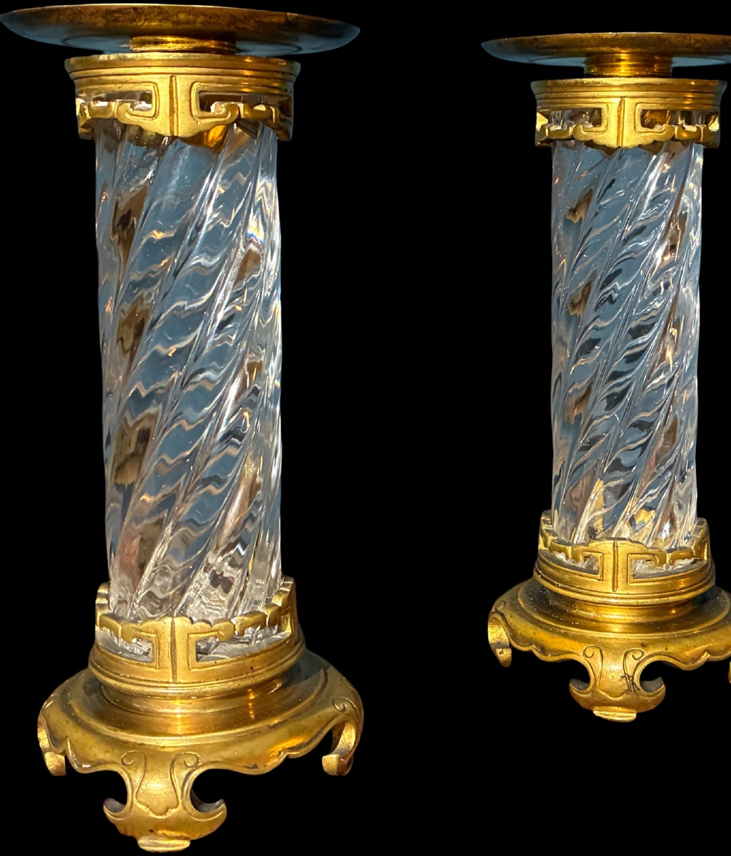Maison Baccarat, Circa 1880, Pair Of Large Crystal & Bronze Candlesticks In A Japanese Style-photo-3