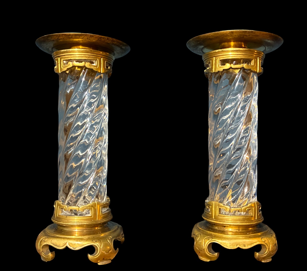 Maison Baccarat, Circa 1880, Pair Of Large Crystal & Bronze Candlesticks In A Japanese Style