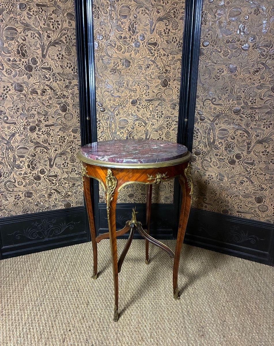 Louis XV Style Pedestal Table In Veneer And Bronze, Parisian Work Circa 1890-photo-2
