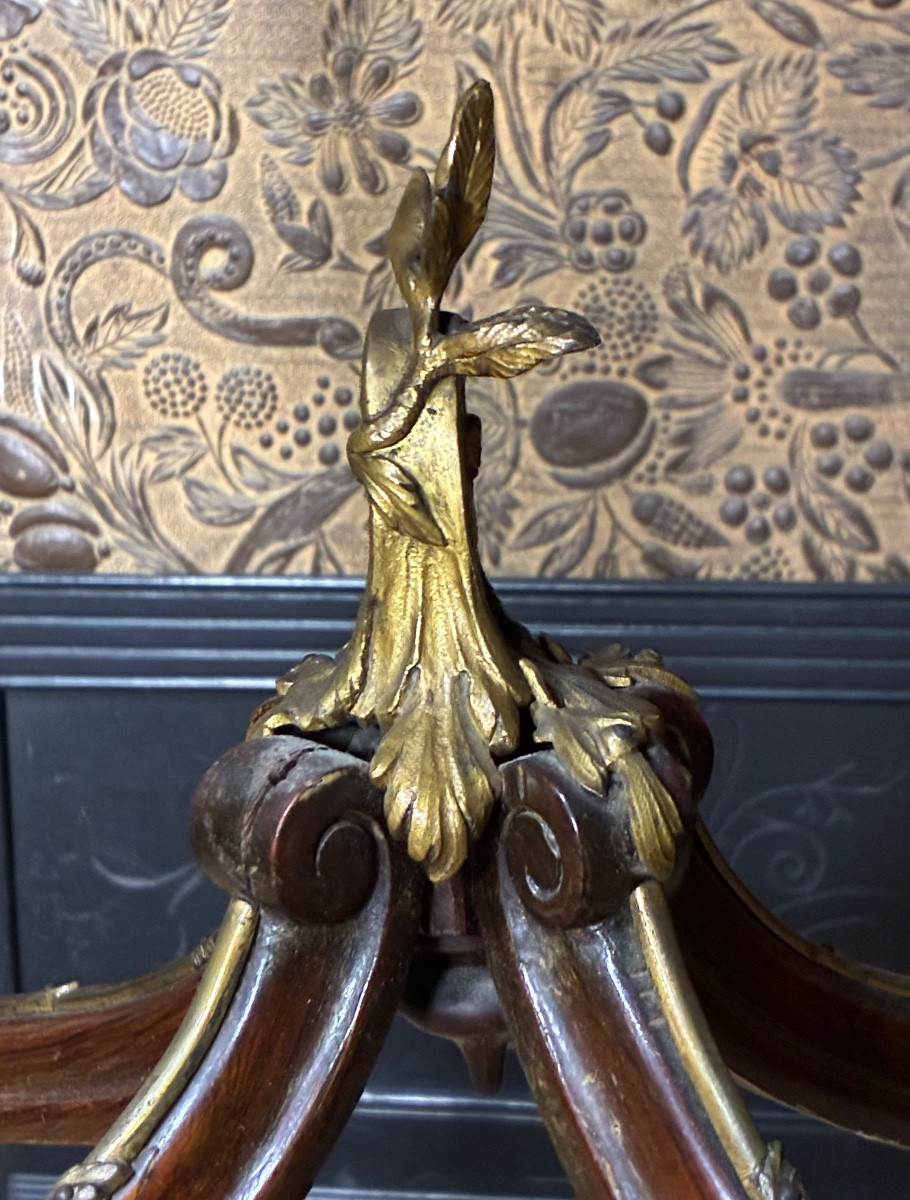 Louis XV Style Pedestal Table In Veneer And Bronze, Parisian Work Circa 1890-photo-3