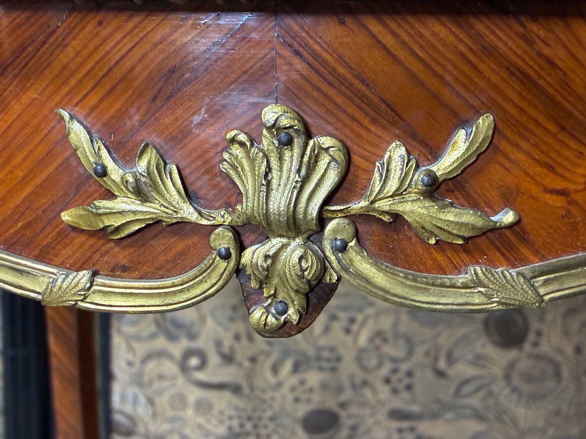Louis XV Style Pedestal Table In Veneer And Bronze, Parisian Work Circa 1890-photo-4