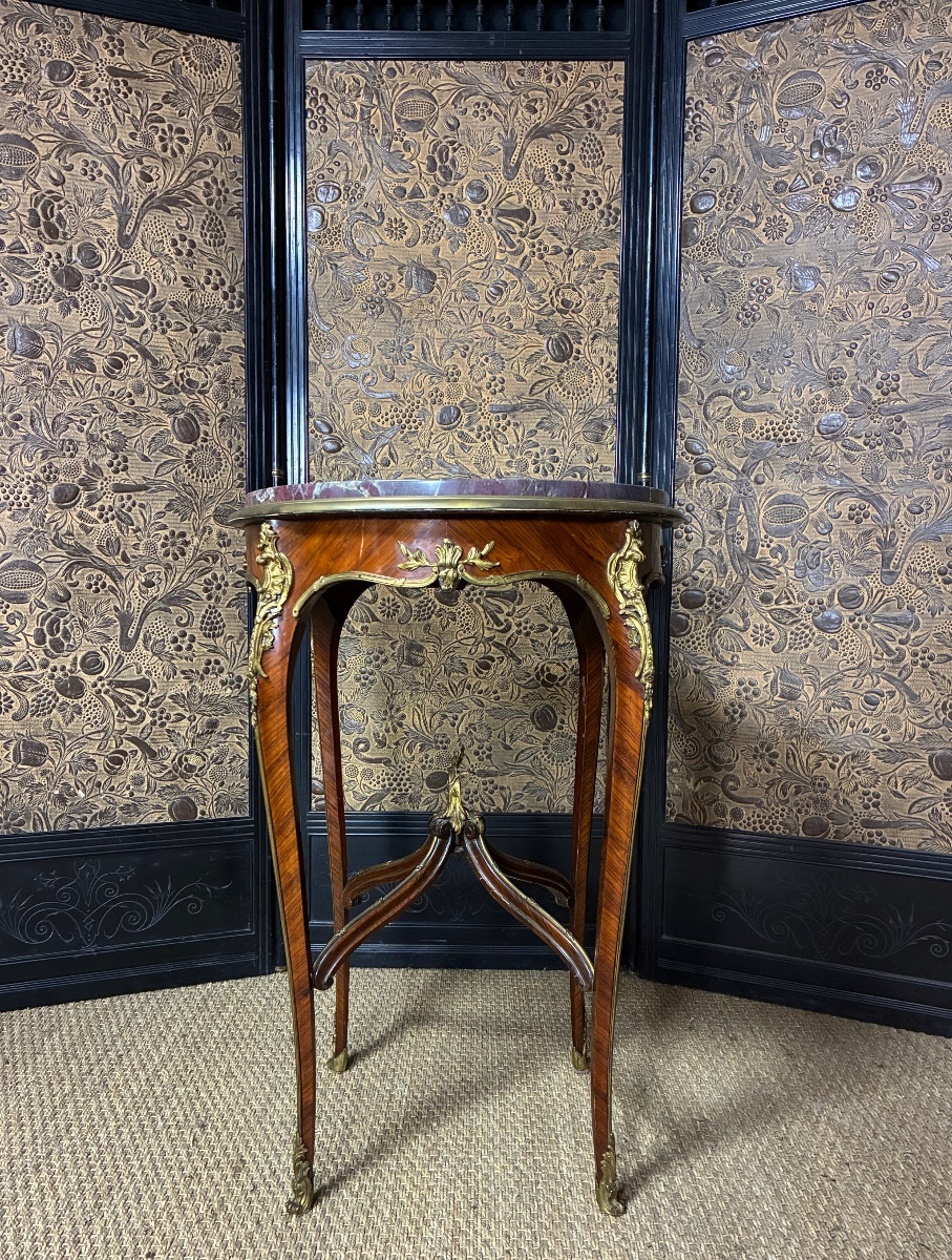 Louis XV Style Pedestal Table In Veneer And Bronze, Parisian Work Circa 1890