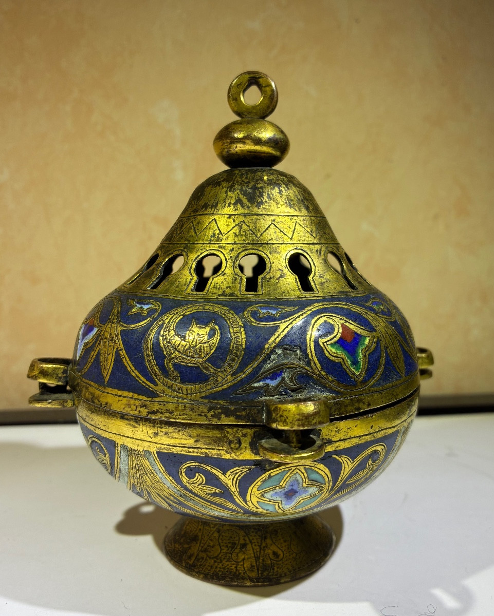 Encensoir en cuivre doré et émaillé, France XIXÉ-photo-1