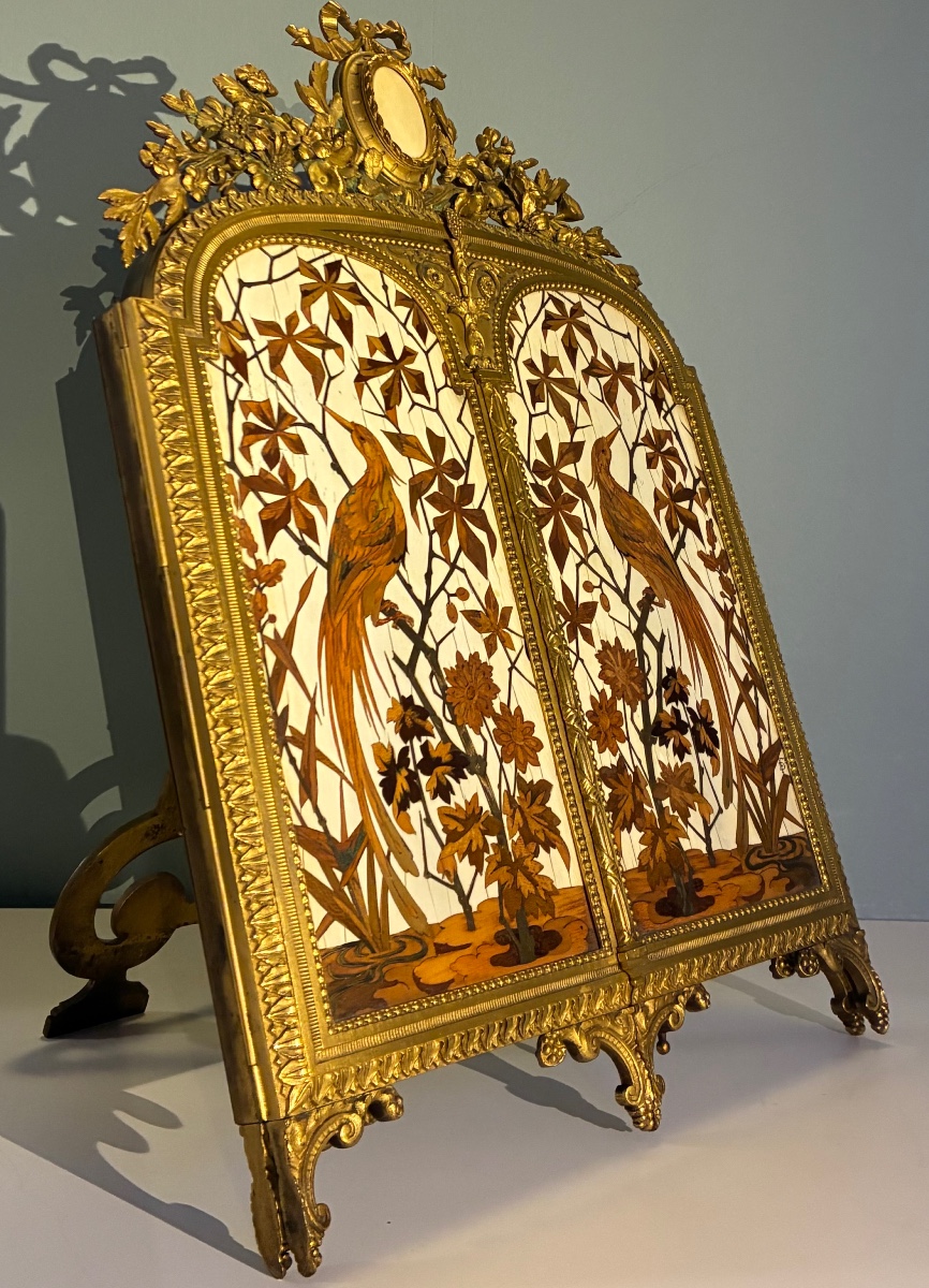 Miroir triptyque, marqueterie Duvinage et bronze doré, Maison Alphonse Giroux, circa 1877-1882-photo-2