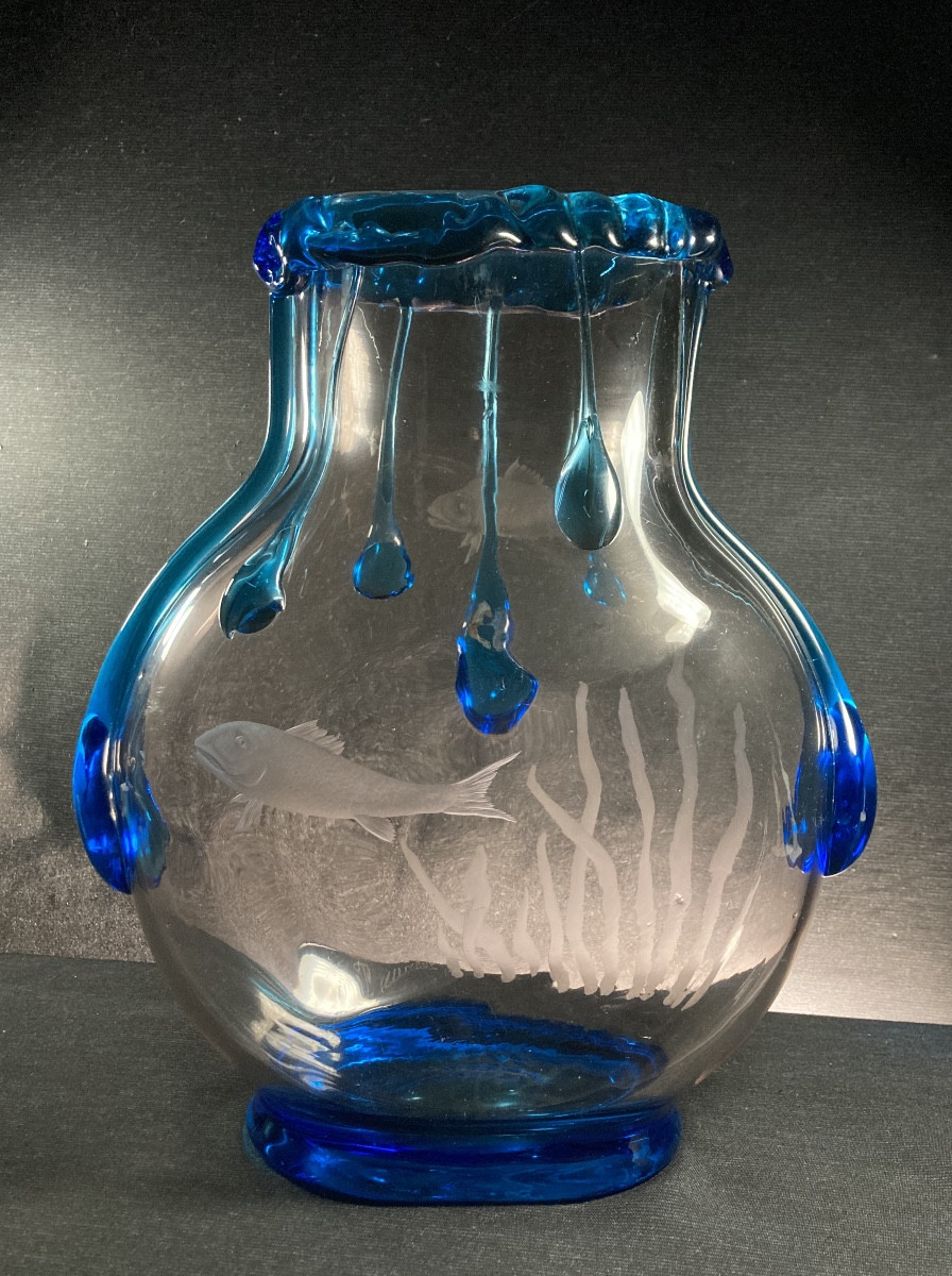 "aquarium" Vase, Wheel-engraved Decoration And Glass Tears, Delvaux Edition, C. 1925-photo-2