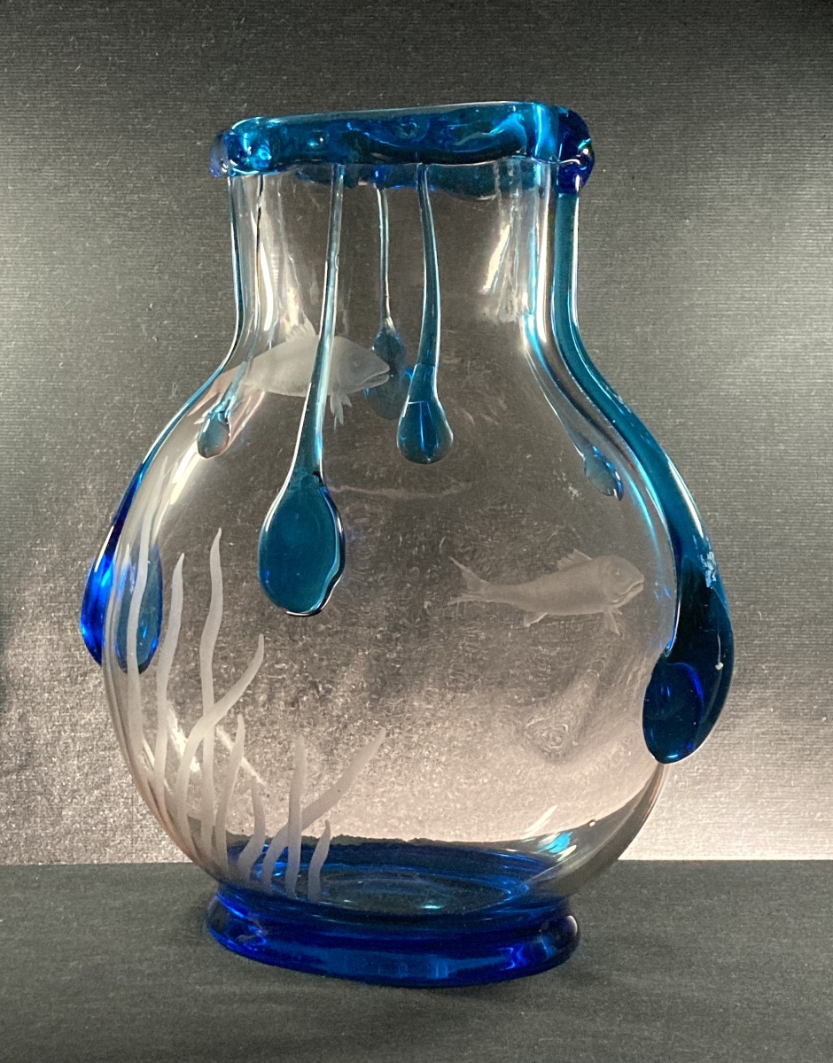"aquarium" Vase, Wheel-engraved Decoration And Glass Tears, Delvaux Edition, C. 1925-photo-3