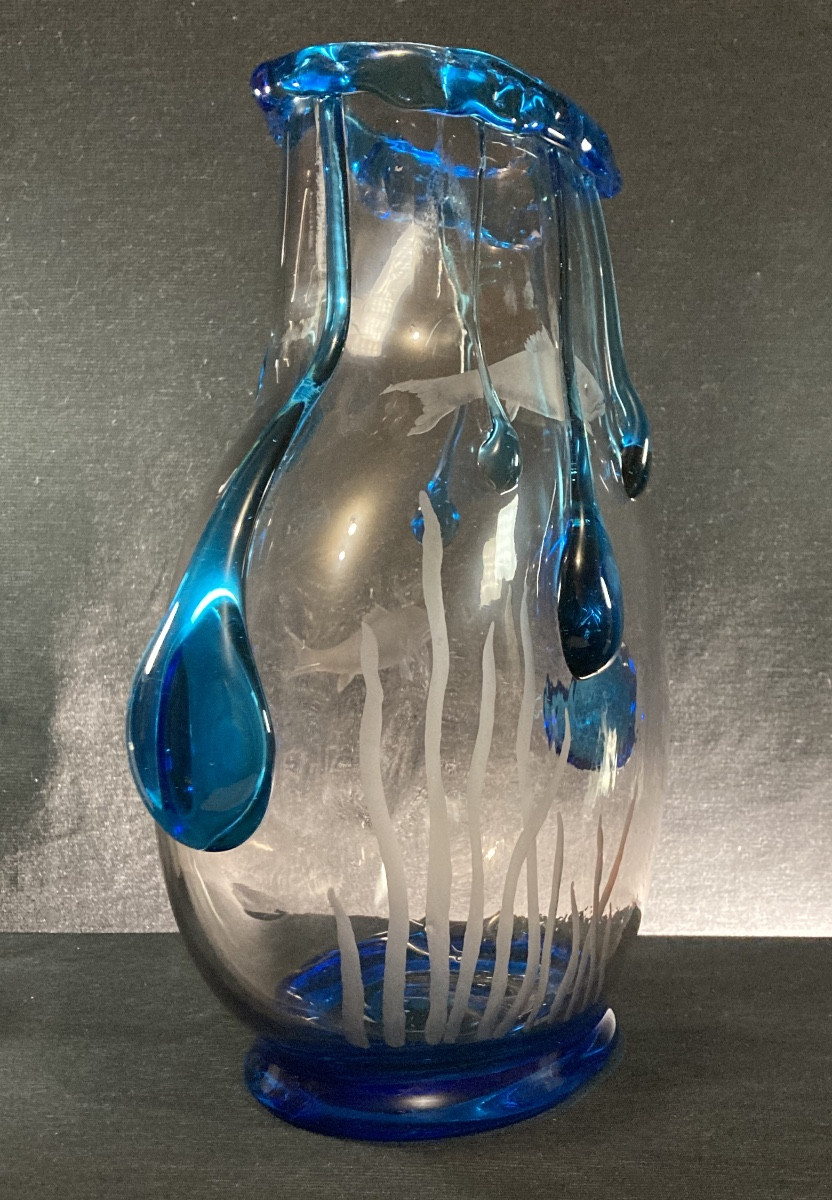 "aquarium" Vase, Wheel-engraved Decoration And Glass Tears, Delvaux Edition, C. 1925-photo-5