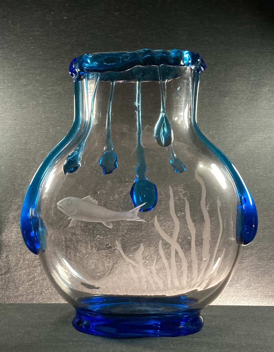 "aquarium" Vase, Wheel-engraved Decoration And Glass Tears, Delvaux Edition, C. 1925-photo-6