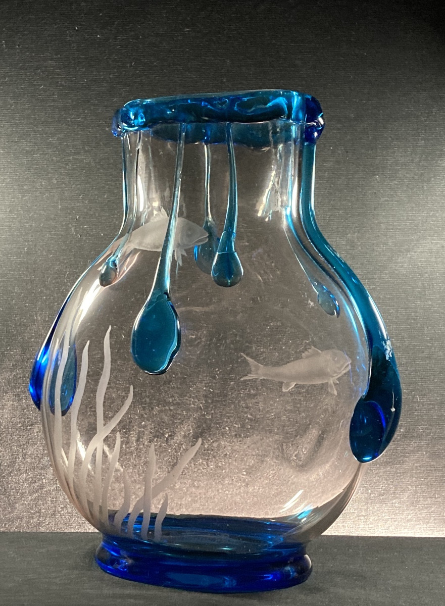 "aquarium" Vase, Wheel-engraved Decoration And Glass Tears, Delvaux Edition, C. 1925-photo-8