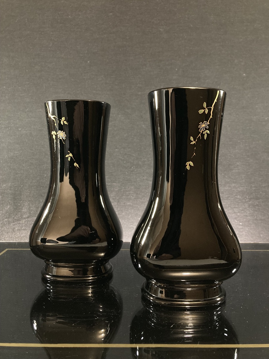 “Japonisme”, Paire de vase en cristal noir émaillé, baccarat pour Eugène Rousseau, circa 1880.-photo-3