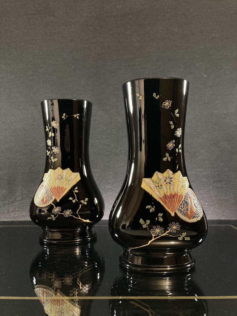 “Japonisme”, Paire de vase en cristal noir émaillé, baccarat pour Eugène Rousseau, circa 1880.-photo-4