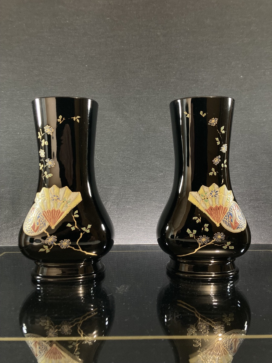 “Japonisme”, Paire de vase en cristal noir émaillé, baccarat pour Eugène Rousseau, circa 1880.-photo-5