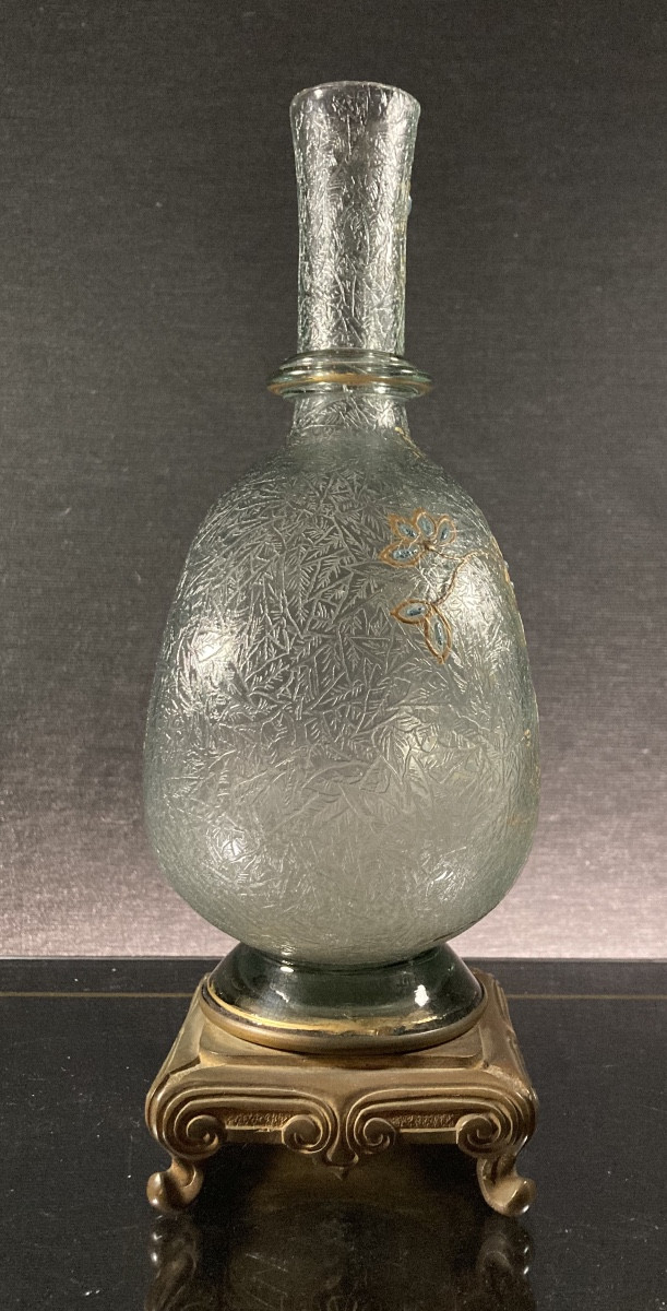Vase gourde en verre givré à décor floral, circa 1890-photo-2