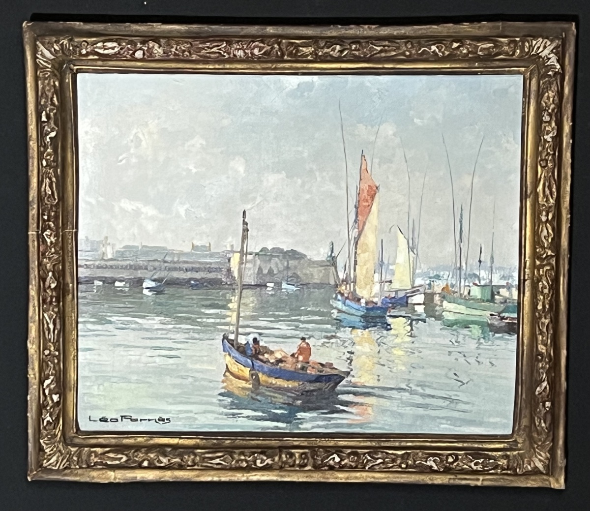 « Léopold PERNES (1912-1980) »:  Vue du port de Concarneau, Huile sur toile XXé-photo-2