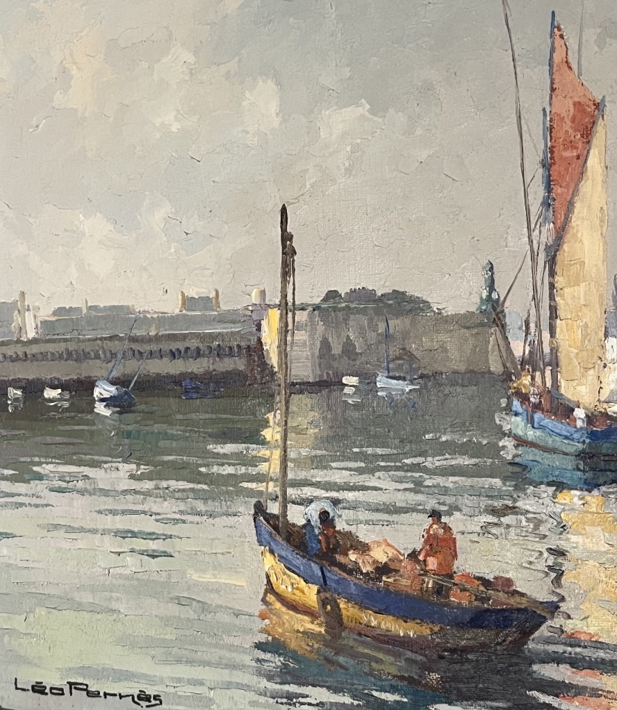 « Léopold PERNES (1912-1980) »:  Vue du port de Concarneau, Huile sur toile XXé-photo-3
