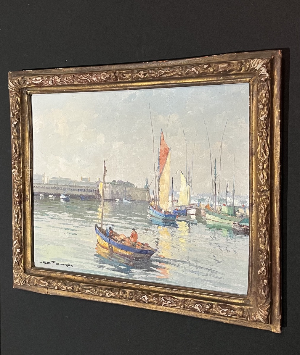« Léopold PERNES (1912-1980) »:  Vue du port de Concarneau, Huile sur toile XXé
