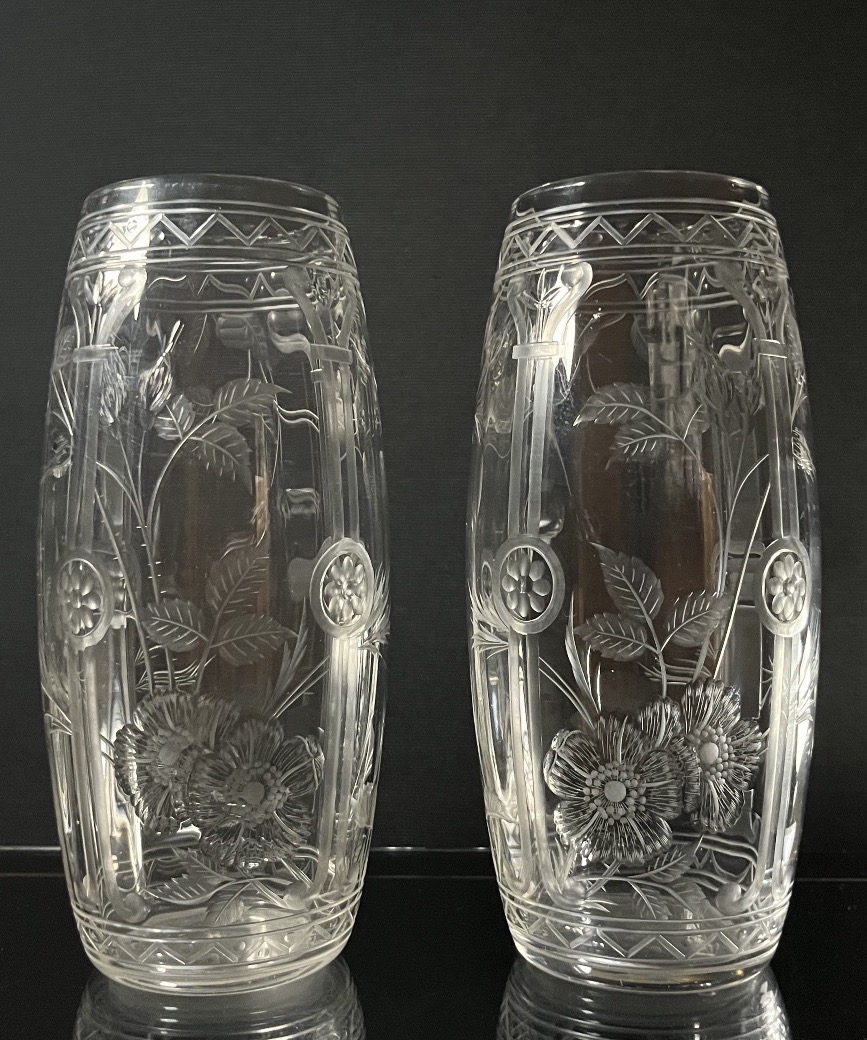 Pair Of Japanese Engraved And Cut Crystal Vases, Baccarat? Bohème? Circa 1890-photo-3