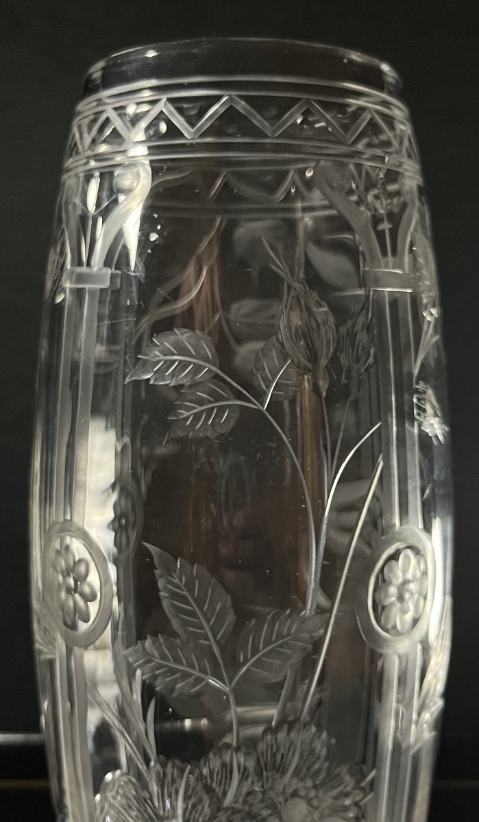 Pair Of Japanese Engraved And Cut Crystal Vases, Baccarat? Bohème? Circa 1890-photo-1