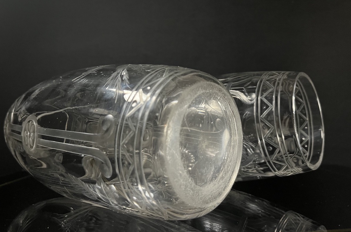 Pair Of Japanese Engraved And Cut Crystal Vases, Baccarat? Bohème? Circa 1890-photo-4