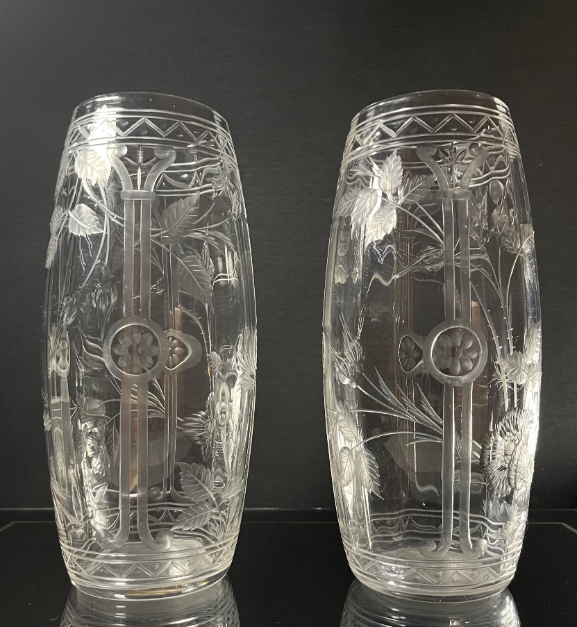 Pair Of Japanese Engraved And Cut Crystal Vases, Baccarat? Bohème? Circa 1890-photo-5