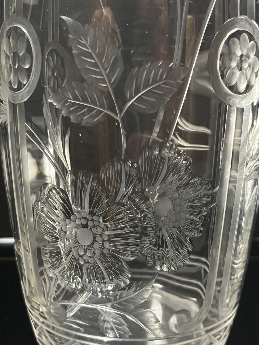Pair Of Japanese Engraved And Cut Crystal Vases, Baccarat? Bohème? Circa 1890-photo-6