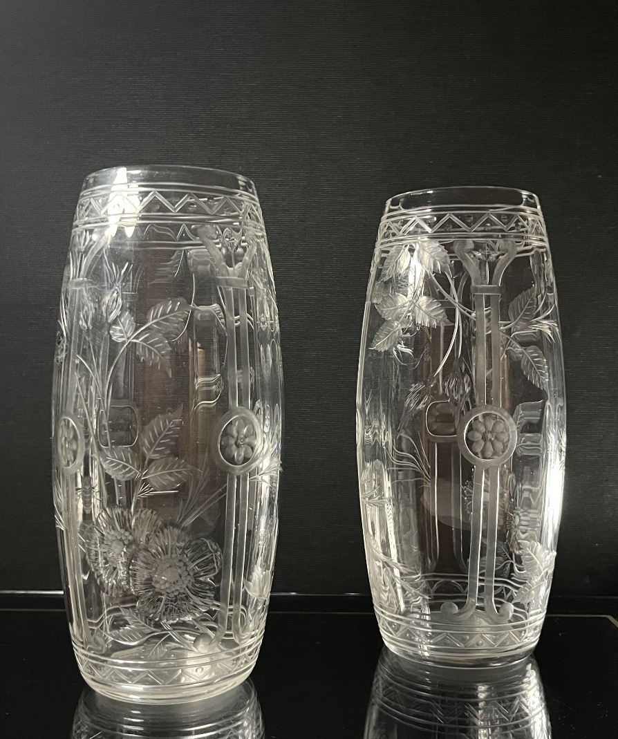 Pair Of Japanese Engraved And Cut Crystal Vases, Baccarat? Bohème? Circa 1890