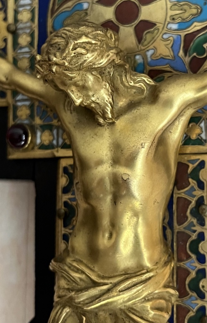 Important Bronze And Champlevé Enamel Crucifix-holy Water Font By F. Barbedienne -photo-3
