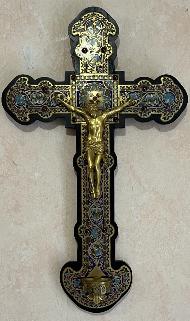 Important Bronze And Champlevé Enamel Crucifix-holy Water Font By F. Barbedienne 